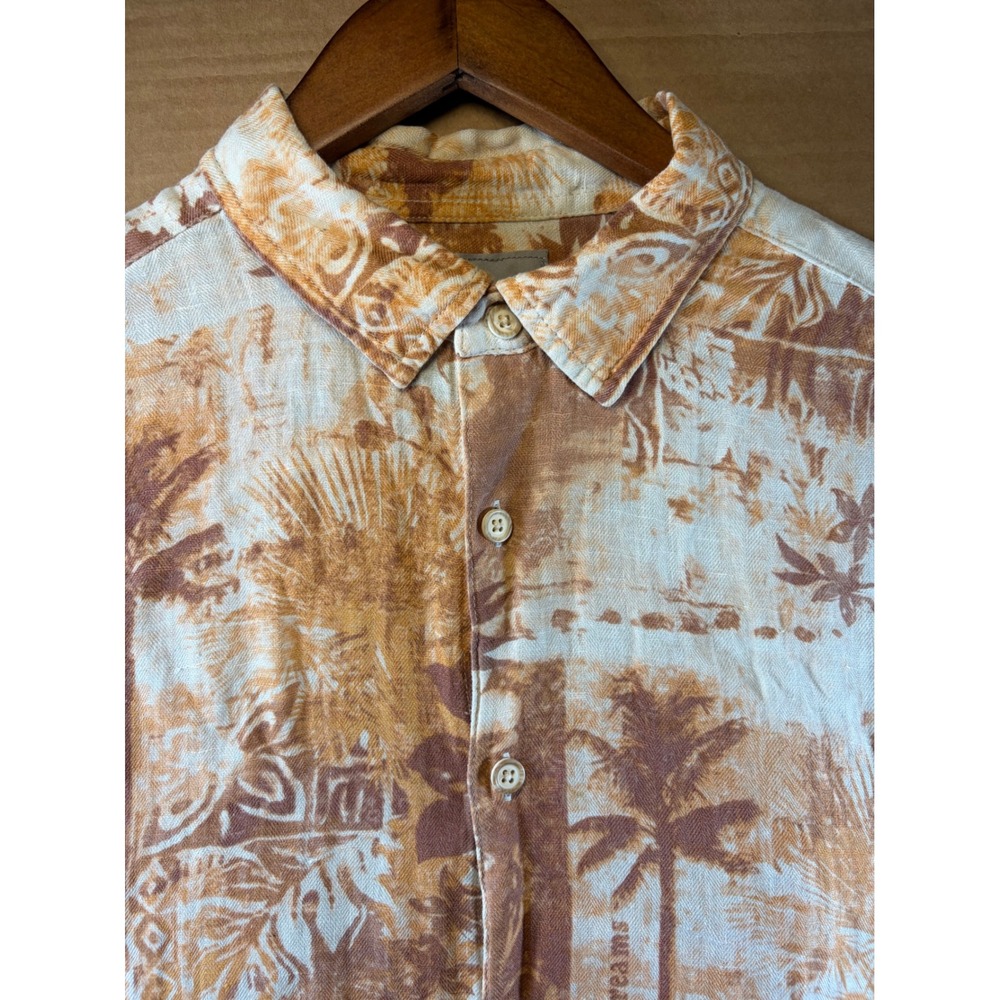 Margaritaville Silk Linen Camp Shirt Mens XL Beige Brown Tropical Hawaiian Aloha